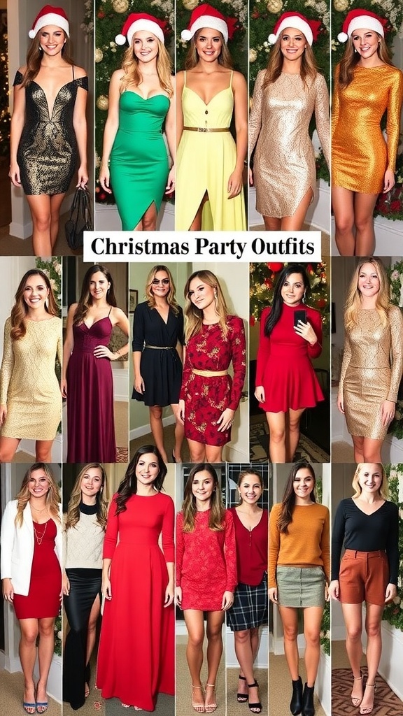 A variety of Christmas party outfits including dresses, sweaters, and accessories displayed in a festive setting.